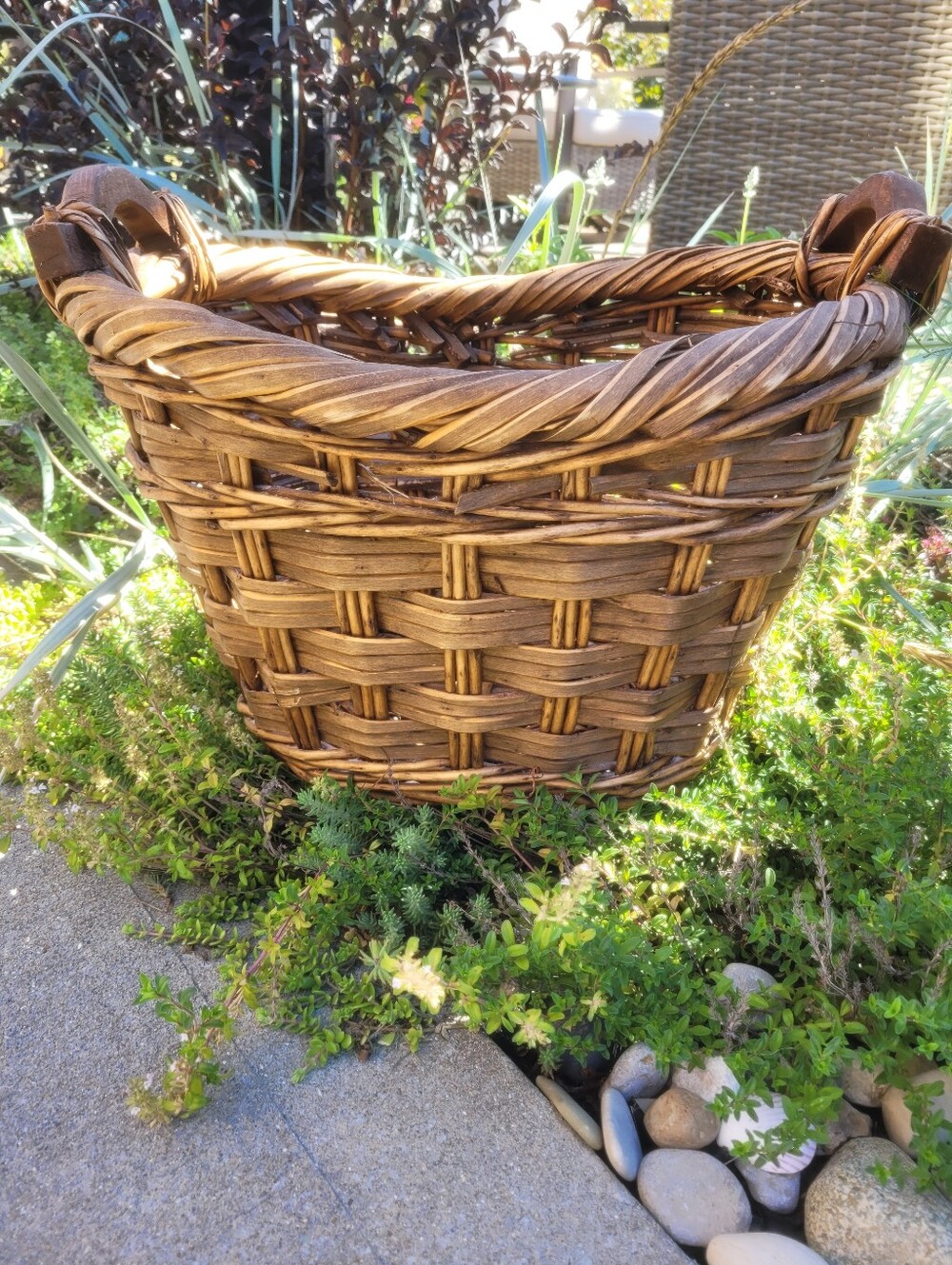 Vintage Handwoven Split Reed Willow Basket with Handles Rustic Farmhouse Gather